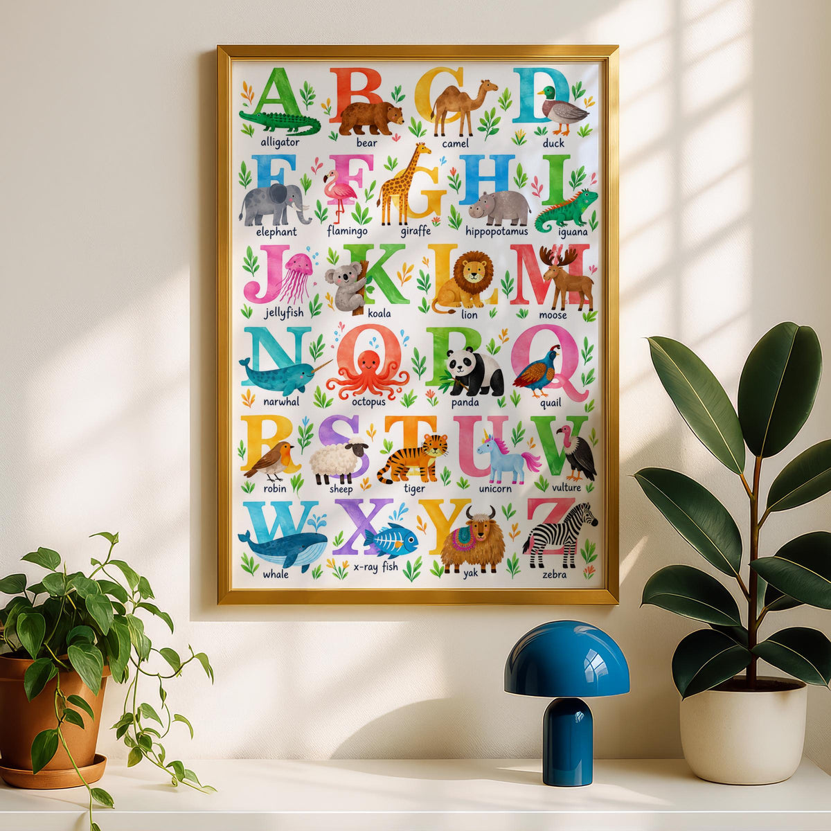 Animal Alphabet Poster, Watercolor Kids Wall Art, A-Z Learning Chart (Print)