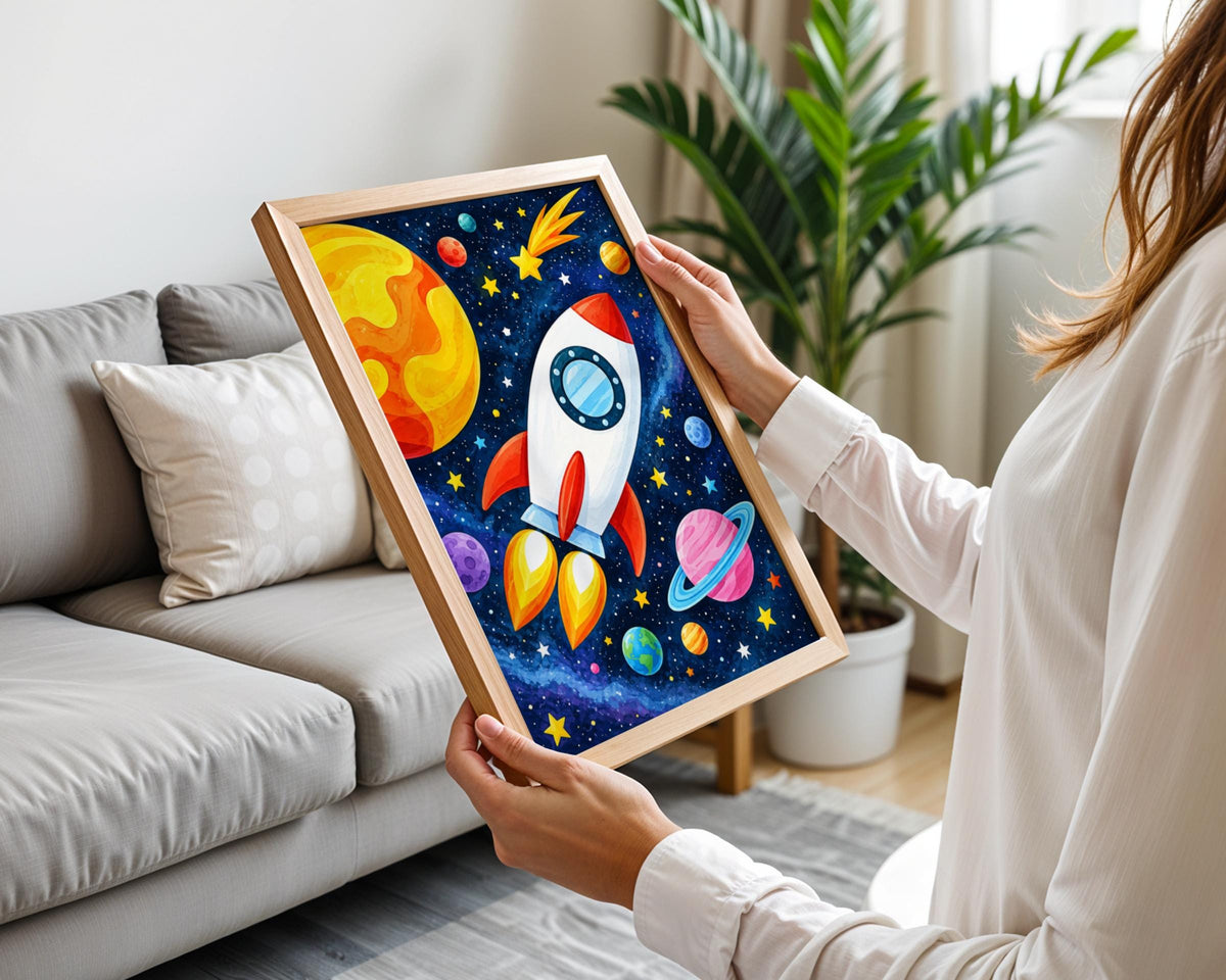 Space Rocket Kids Wall Art, Colorful Galaxy Poster, Planets Stars (Print)