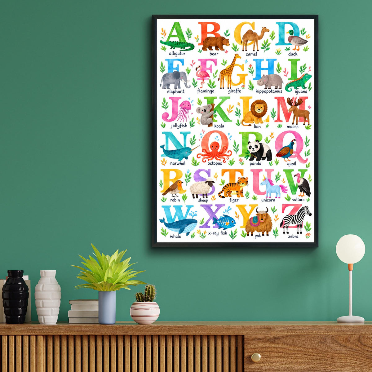 Animal Alphabet Poster, Watercolor Kids Wall Art, A-Z Learning Chart (Print)