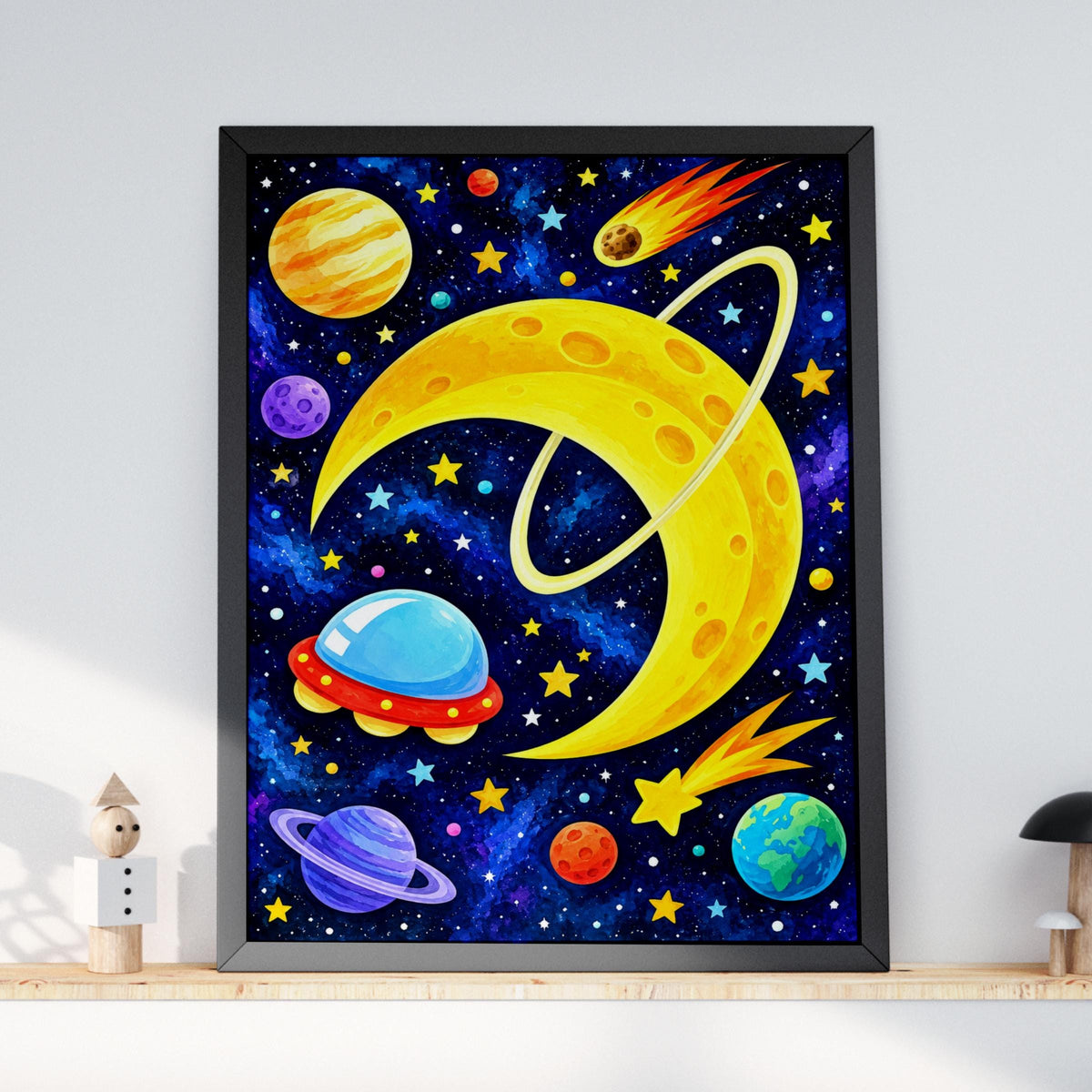 Golden Crescent Moon Space Poster, Colorful Planets, UFO, Stars (Printed)