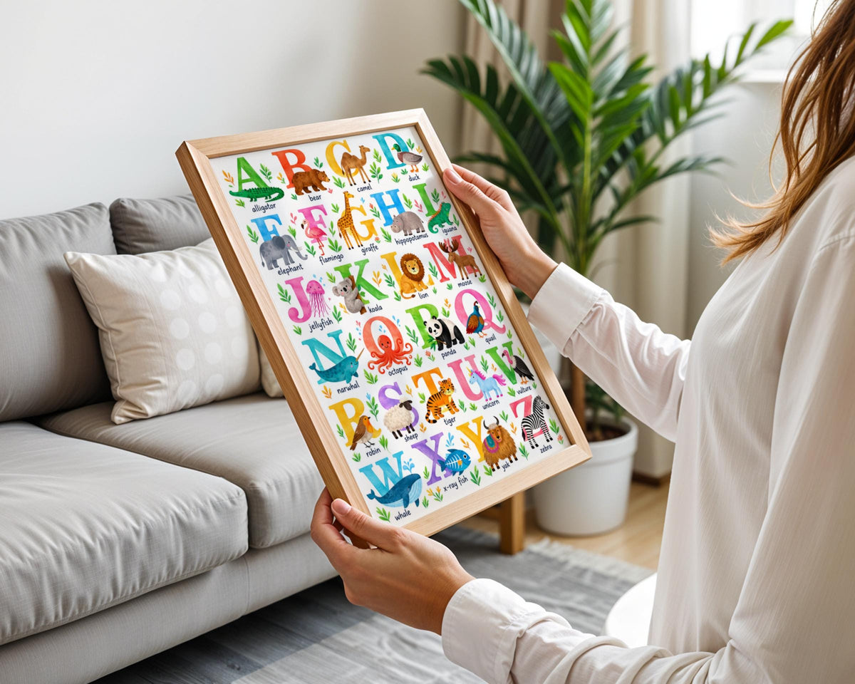 Animal Alphabet Poster, Watercolor Kids Wall Art, A-Z Learning Chart (Print)