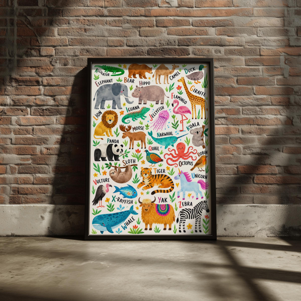 Watercolor Animal Alphabet Poster, Kids ABC Wall Art, Educational Safari Print