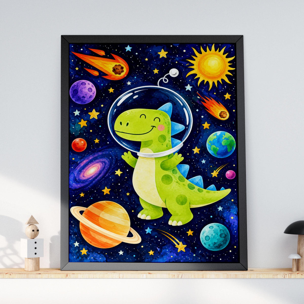 Astronaut Dinosaur Galaxy Print, Colorful Planets, Stars, Kids Wall Art (Ready to Frame)