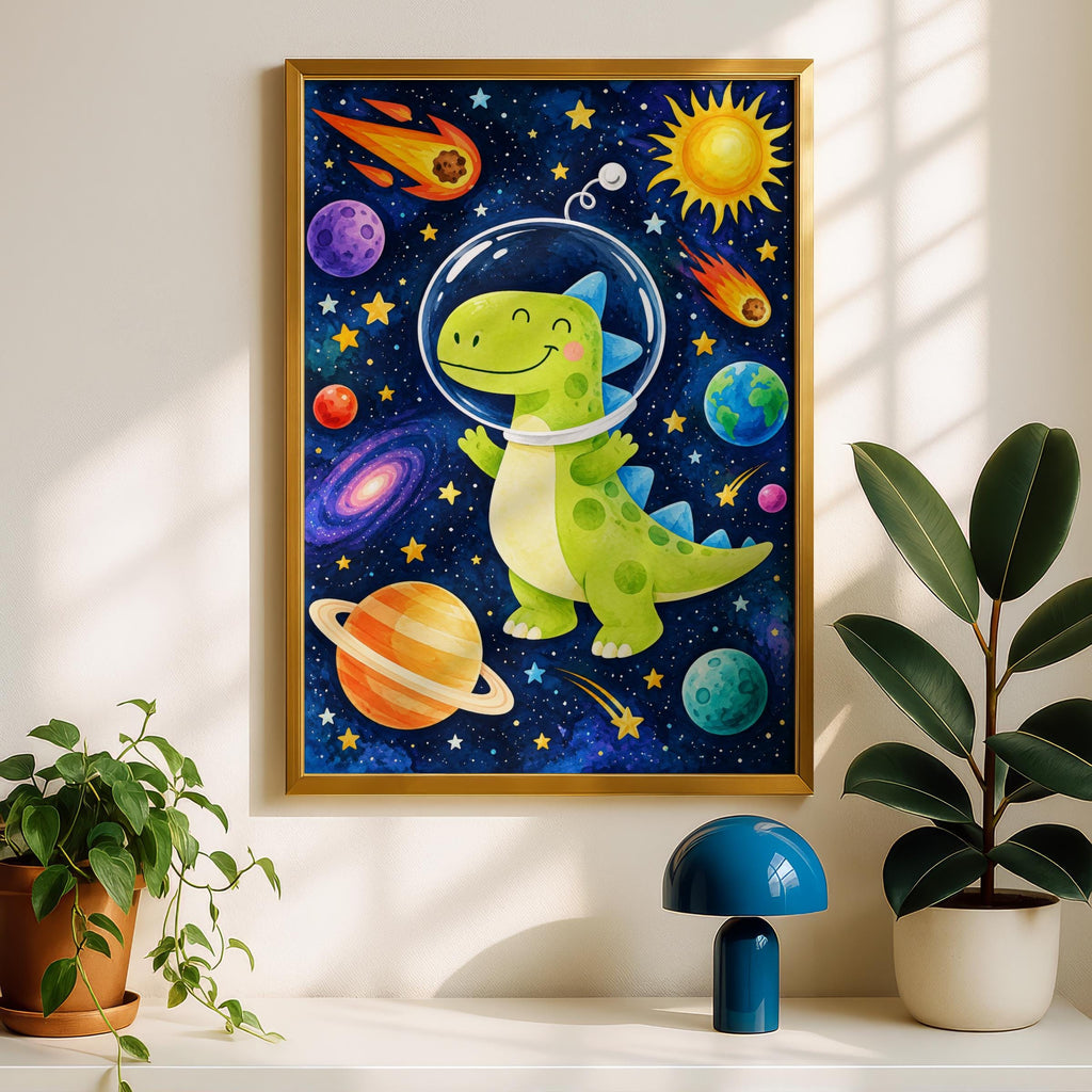 Astronaut Dinosaur Galaxy Print, Colorful Planets, Stars, Kids Wall Art (Ready to Frame)