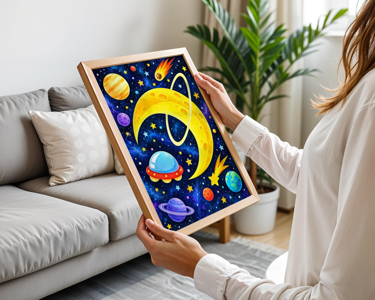 Golden Crescent Moon Space Poster, Colorful Planets, UFO, Stars (Printed)
