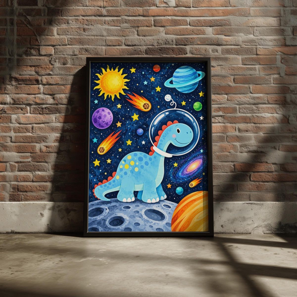 Blue Dinosaur Astronaut Space Poster, Kids Bedroom Wall Art, Watercolor Galaxy Print (Digital Download)