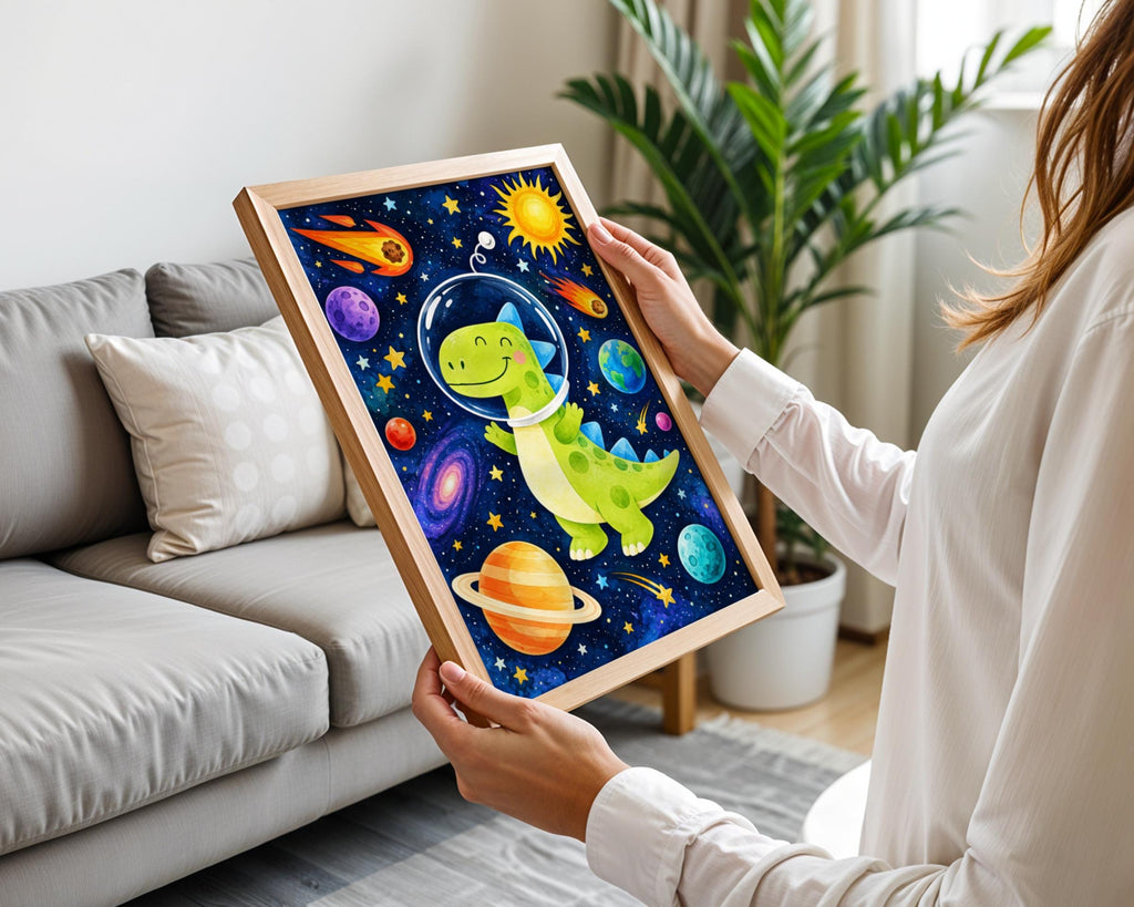 Astronaut Dinosaur Galaxy Print, Colorful Planets, Stars, Kids Wall Art (Ready to Frame)