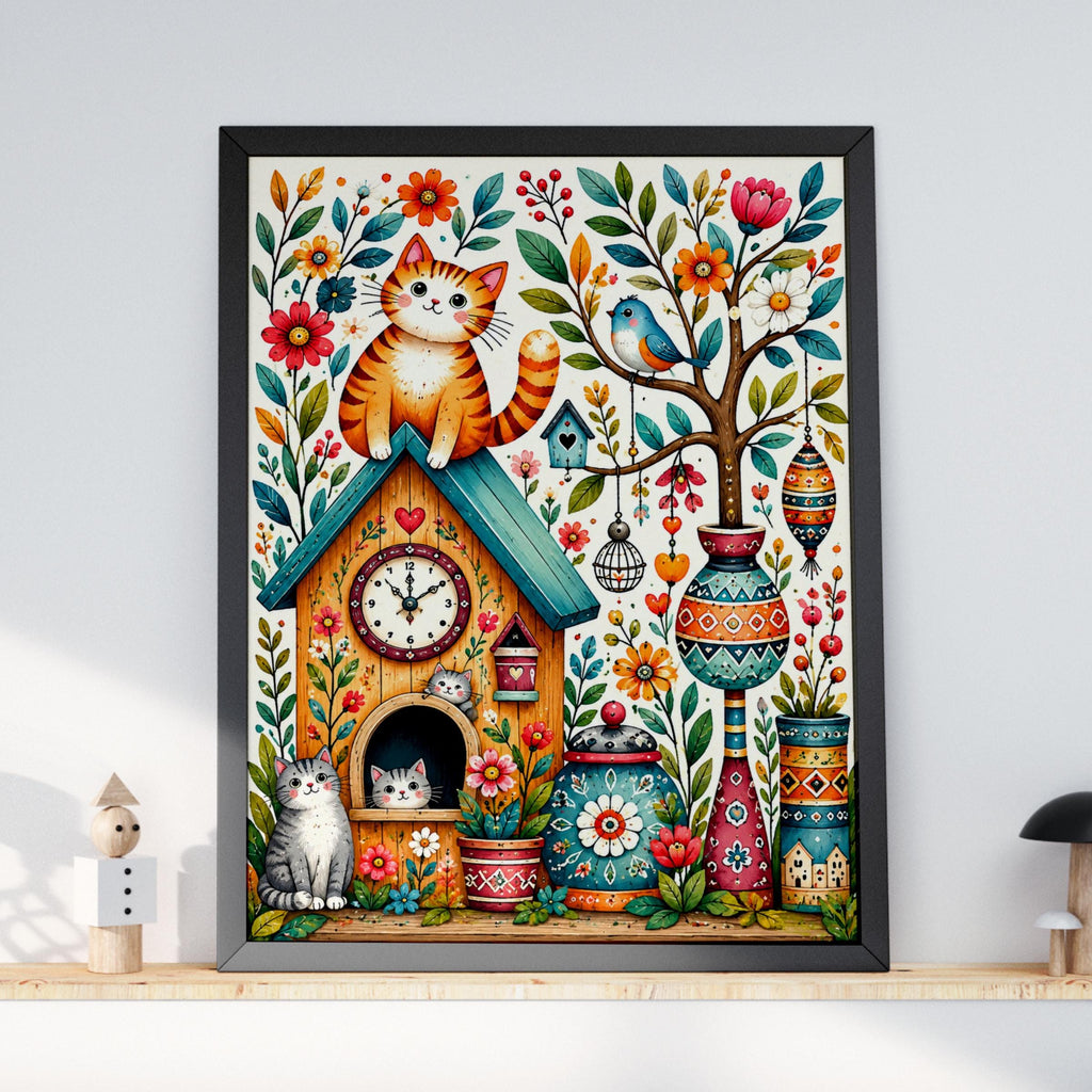 Whimsical Cat Clock House Print, Folk Art Floral Wall Art (Physical Poster)