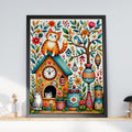 Whimsical Cat Clock House Print, Folk Art Floral Wall Art (Physical Poster)