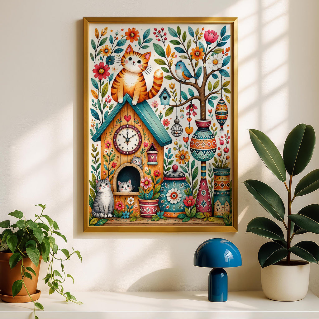 Whimsical Cat Clock House Print, Folk Art Floral Wall Art (Physical Poster)