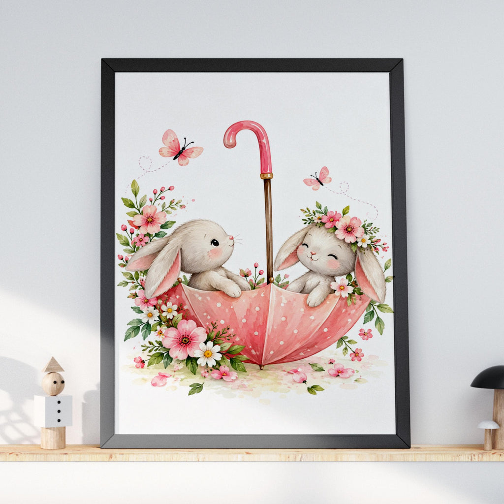 Watercolor Bunny Umbrella Print, Floral Nursery Wall Art (Ready to Frame)
