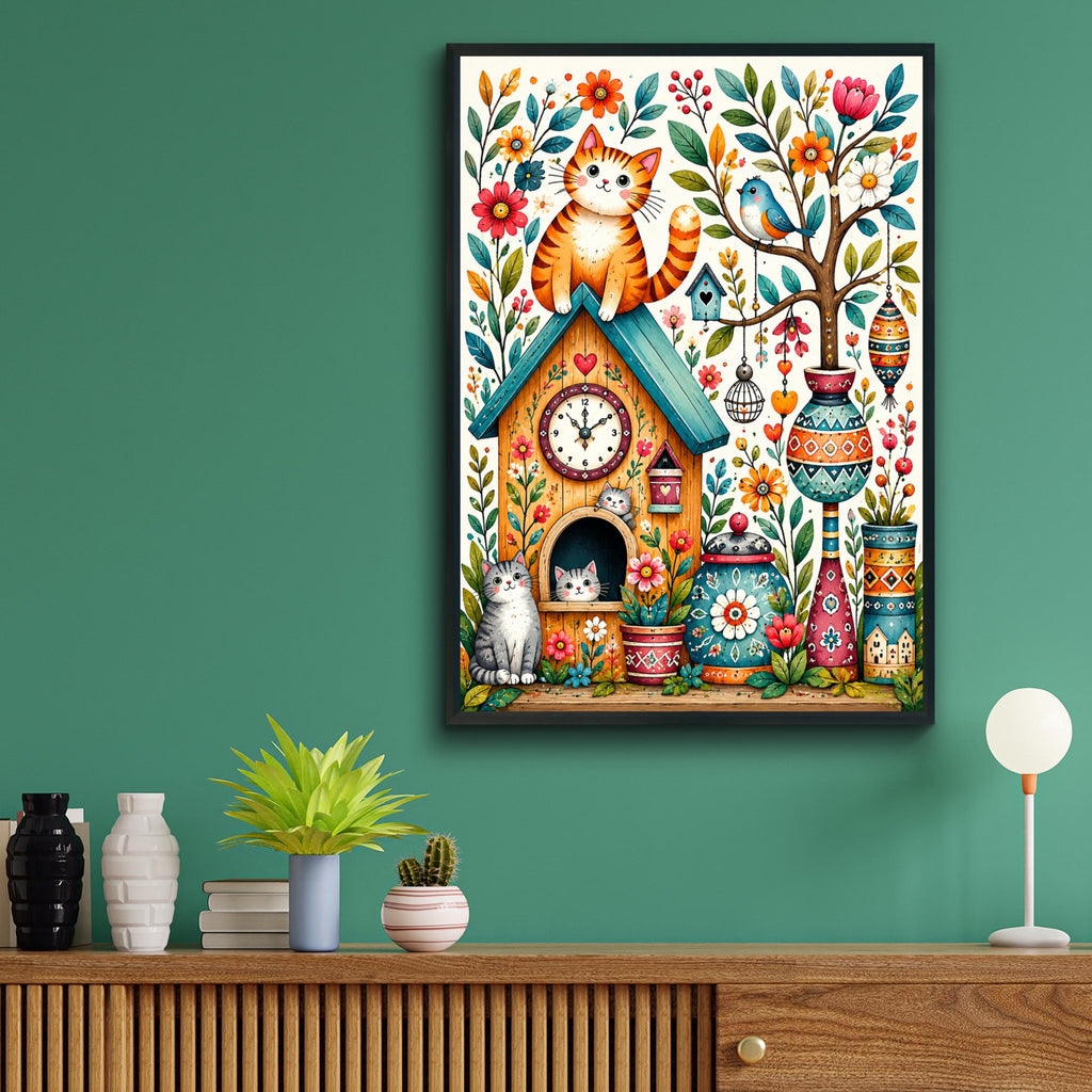 Whimsical Cat Clock House Print, Folk Art Floral Wall Art (Physical Poster)