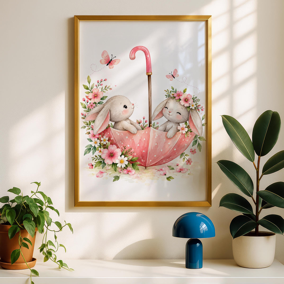 Watercolor Bunny Umbrella Print, Floral Nursery Wall Art (Ready to Frame)