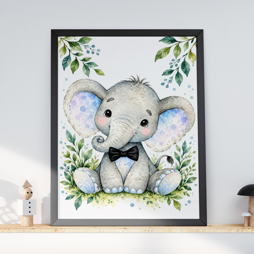 Baby Elephant Bow Tie Nursery Print, Watercolour Animal Wall Art (Ready to Frame)