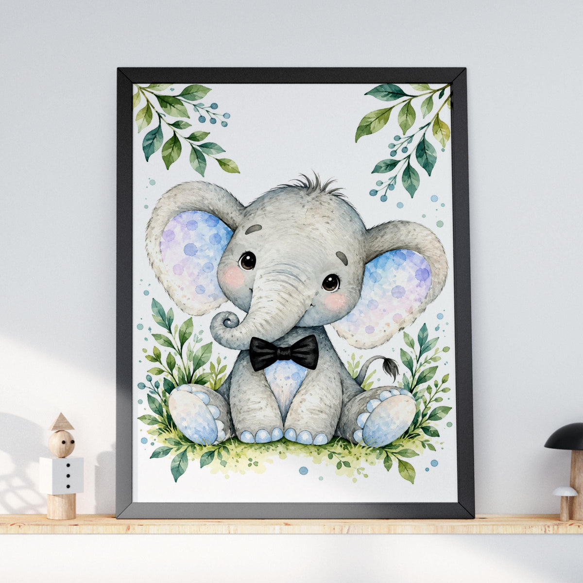 Baby Elephant Bow Tie Nursery Print, Watercolour Animal Wall Art (Ready to Frame)