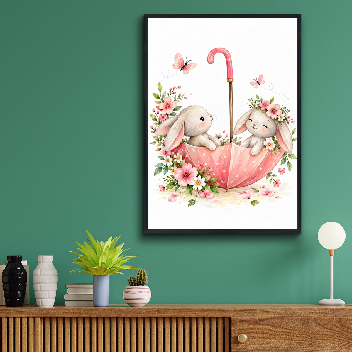 Watercolor Bunny Umbrella Print, Floral Nursery Wall Art (Ready to Frame)