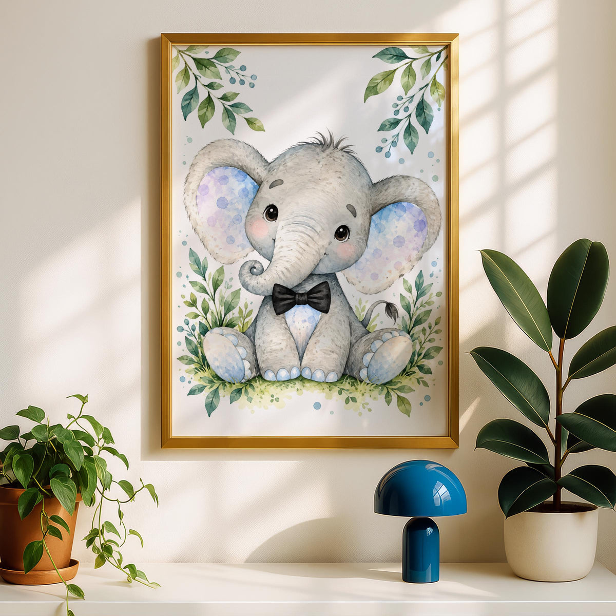 Baby Elephant Bow Tie Nursery Print, Watercolour Animal Wall Art (Ready to Frame)