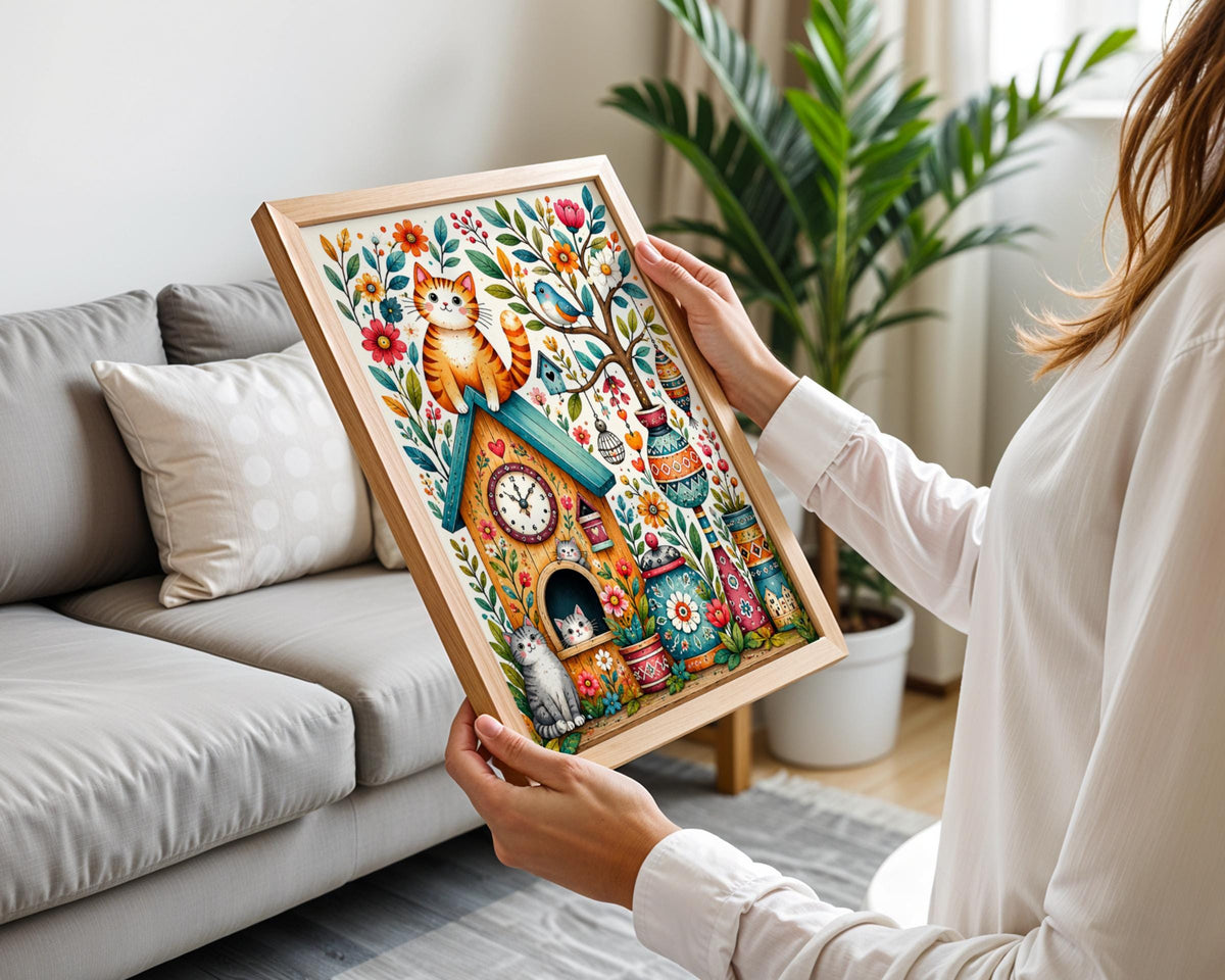 Whimsical Cat Clock House Print, Folk Art Floral Wall Art (Physical Poster)