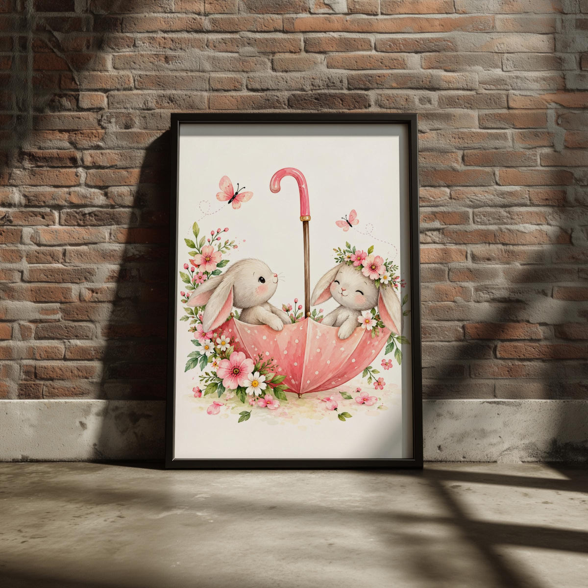 Watercolor Bunny Umbrella Print, Floral Nursery Wall Art (Ready to Frame)
