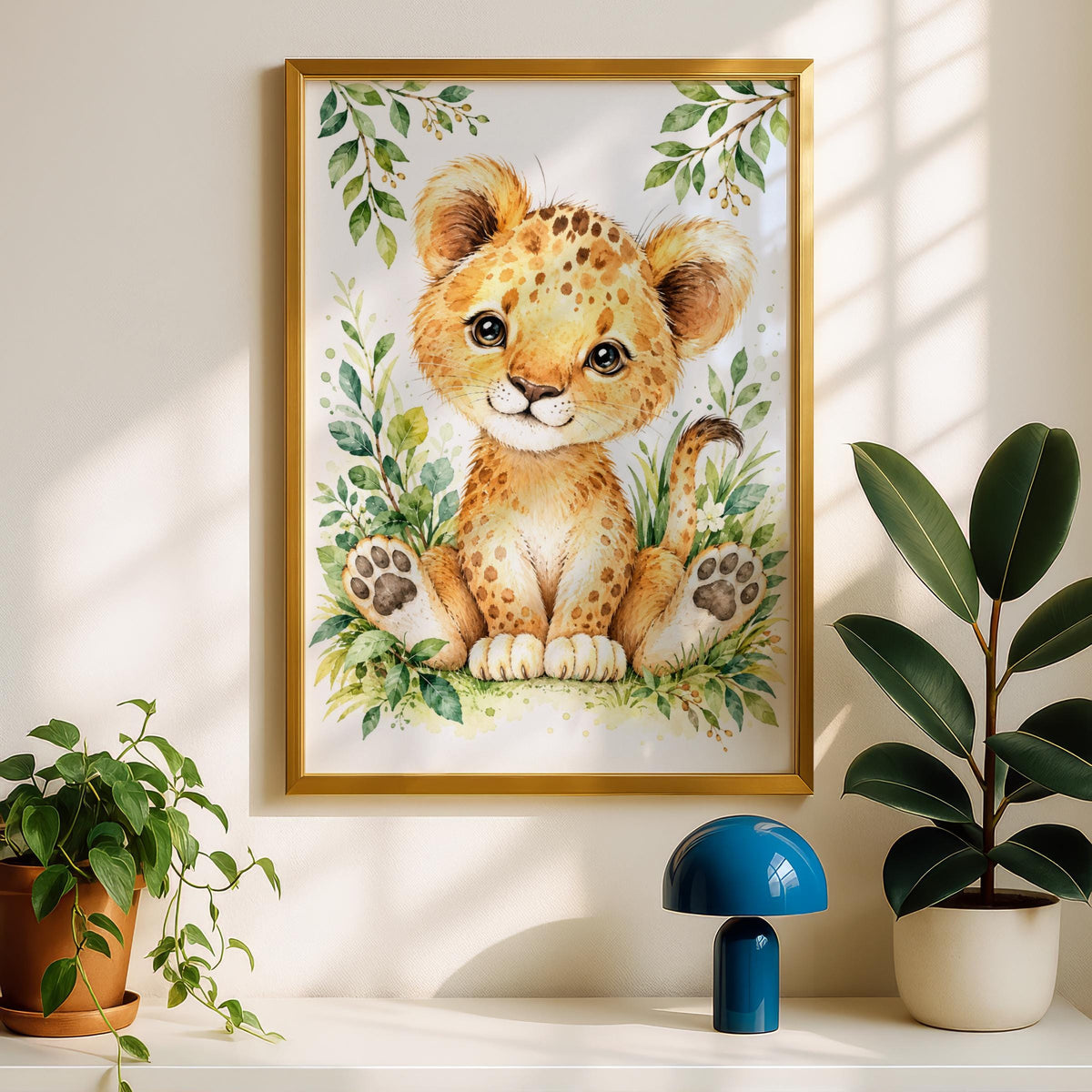 Watercolour Baby Lion Cub Nursery Print, Safari Jungle Wall Art (Physical Poster)