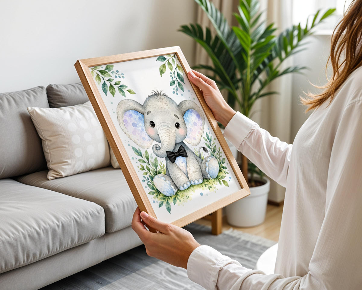 Baby Elephant Bow Tie Nursery Print, Watercolour Animal Wall Art (Ready to Frame)