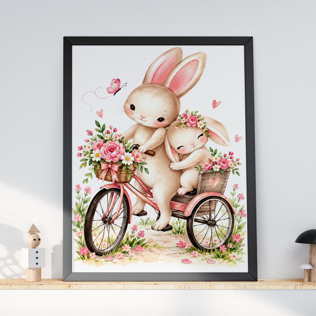 Watercolor Bunny Tricycle Print, Pink Floral Nursery Wall Art (Physical Poster)