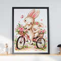 Watercolor Bunny Tricycle Print, Pink Floral Nursery Wall Art (Physical Poster)