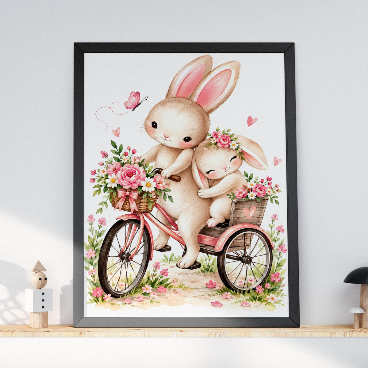 Watercolor Bunny Tricycle Print, Pink Floral Nursery Wall Art (Physical Poster)