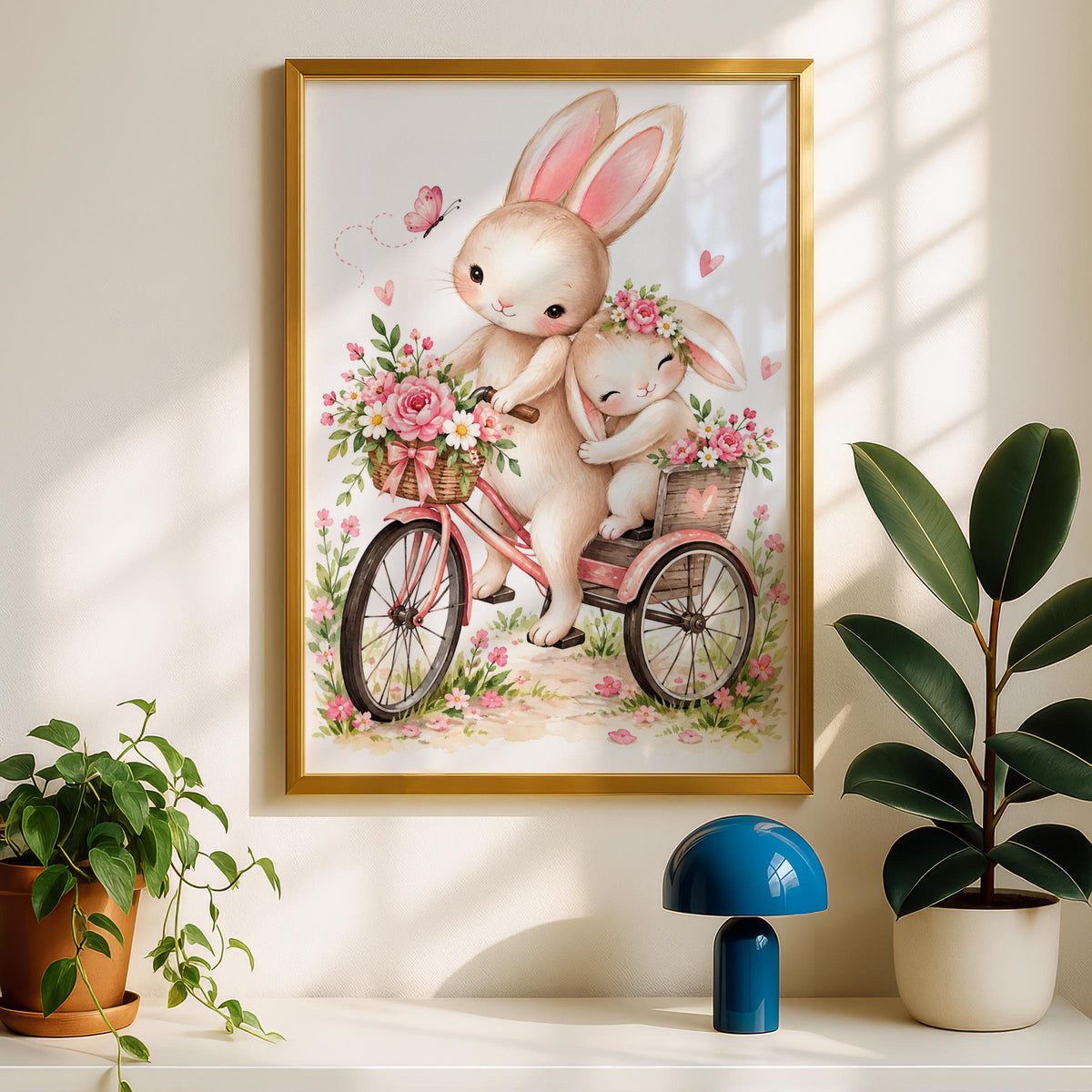 Watercolor Bunny Tricycle Print, Pink Floral Nursery Wall Art (Physical Poster)