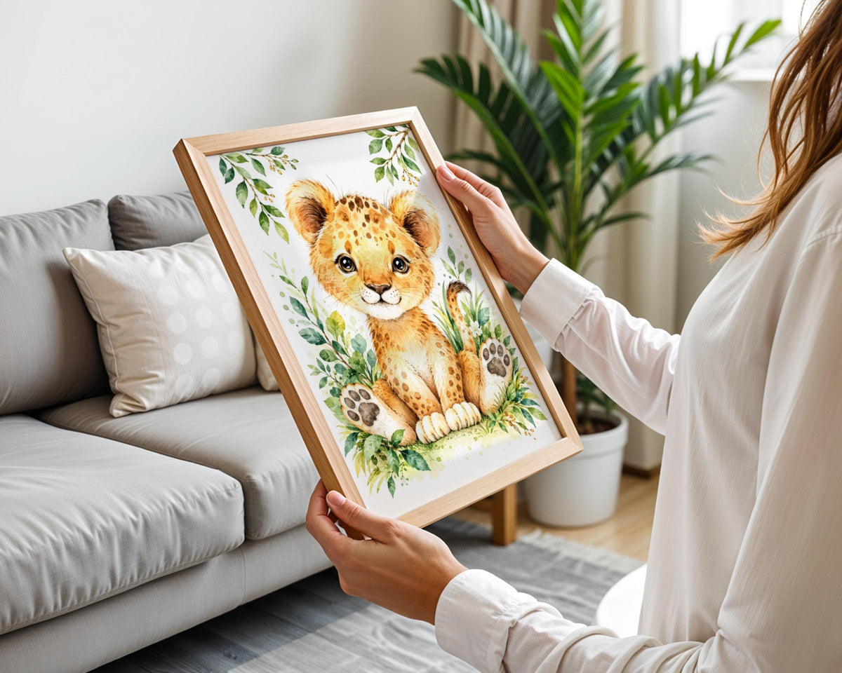 Watercolour Baby Lion Cub Nursery Print, Safari Jungle Wall Art (Physical Poster)