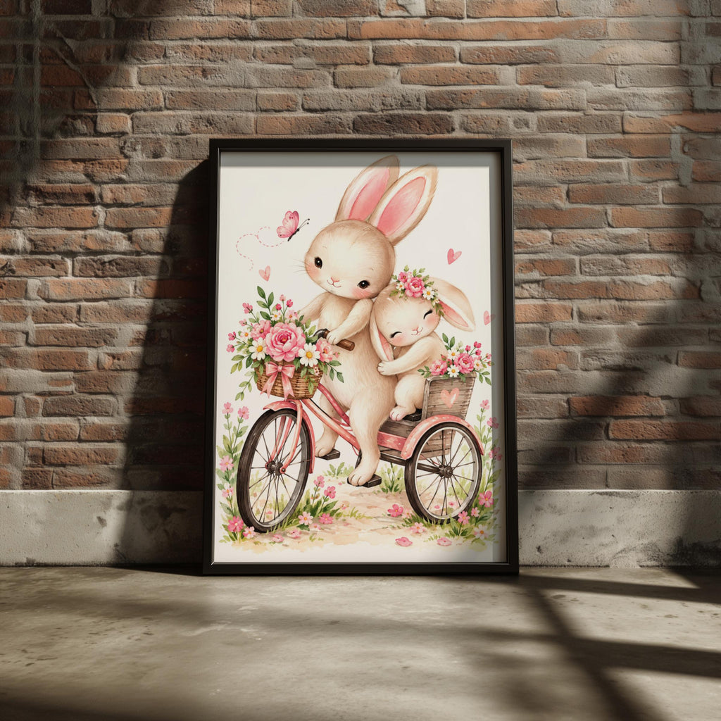 Watercolor Bunny Tricycle Print, Pink Floral Nursery Wall Art (Physical Poster)
