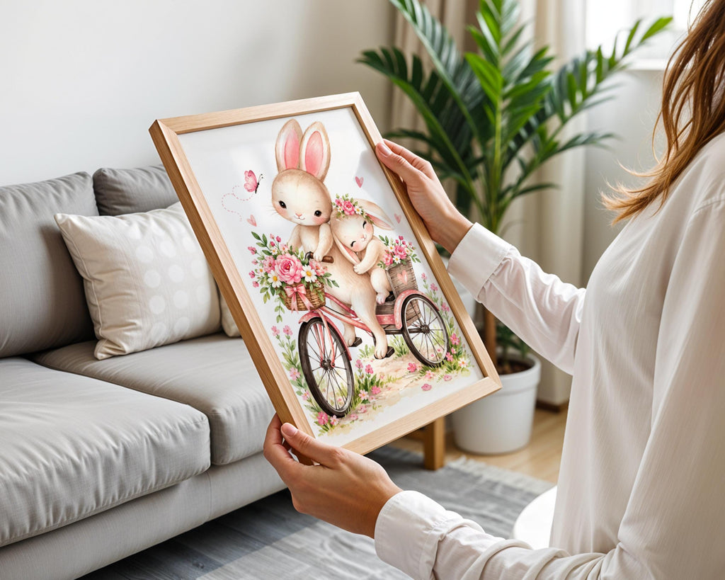 Watercolor Bunny Tricycle Print, Pink Floral Nursery Wall Art (Physical Poster)