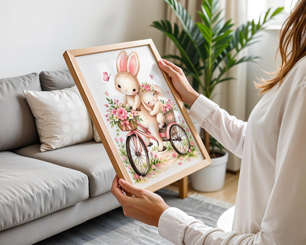 Watercolor Bunny Tricycle Print, Pink Floral Nursery Wall Art (Physical Poster)