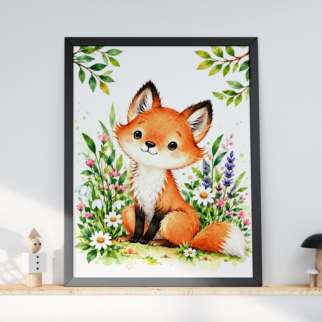 Watercolour Baby Fox Nursery Print, Floral Wildflowers, Woodland Animal Wall Art (Digital Download)