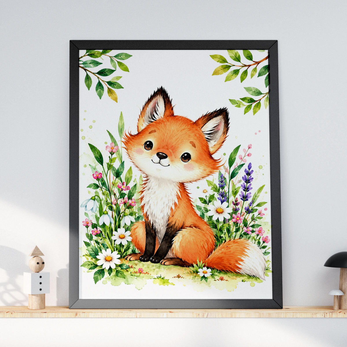 Watercolour Baby Fox Nursery Print, Floral Wildflowers, Woodland Animal Wall Art (Digital Download)