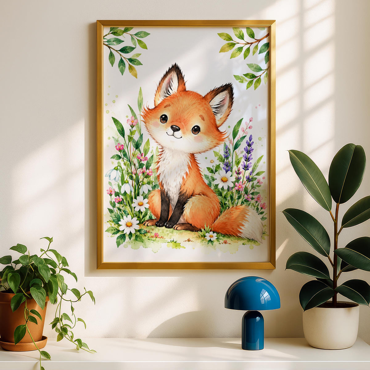 Watercolour Baby Fox Nursery Print, Floral Wildflowers, Woodland Animal Wall Art (Digital Download)