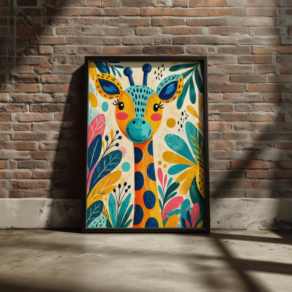 Colorful Giraffe Jungle Print, Tropical Leaves Nursery Art (Digital Download)
