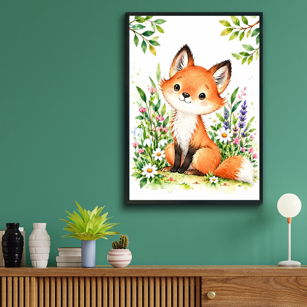 Watercolour Baby Fox Nursery Print, Floral Wildflowers, Woodland Animal Wall Art (Digital Download)