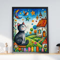 Whimsical Cat Moon Poster, Folk Art Cottage Garden Wall Art (Physical Print)