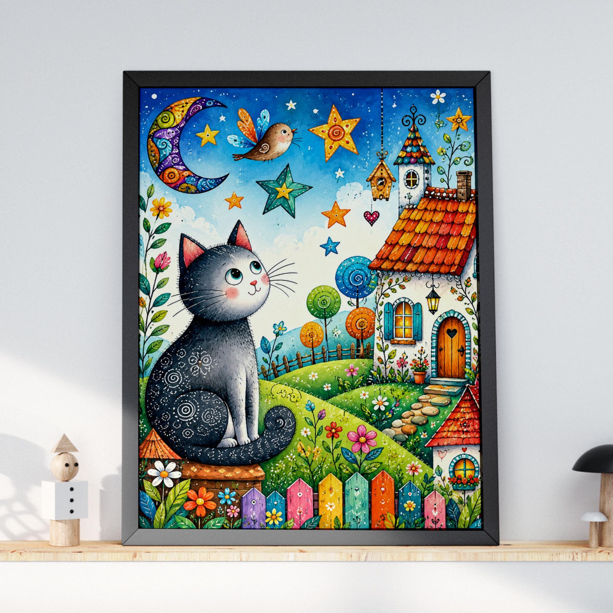 Whimsical Cat Moon Poster, Folk Art Cottage Garden Wall Art (Physical Print)