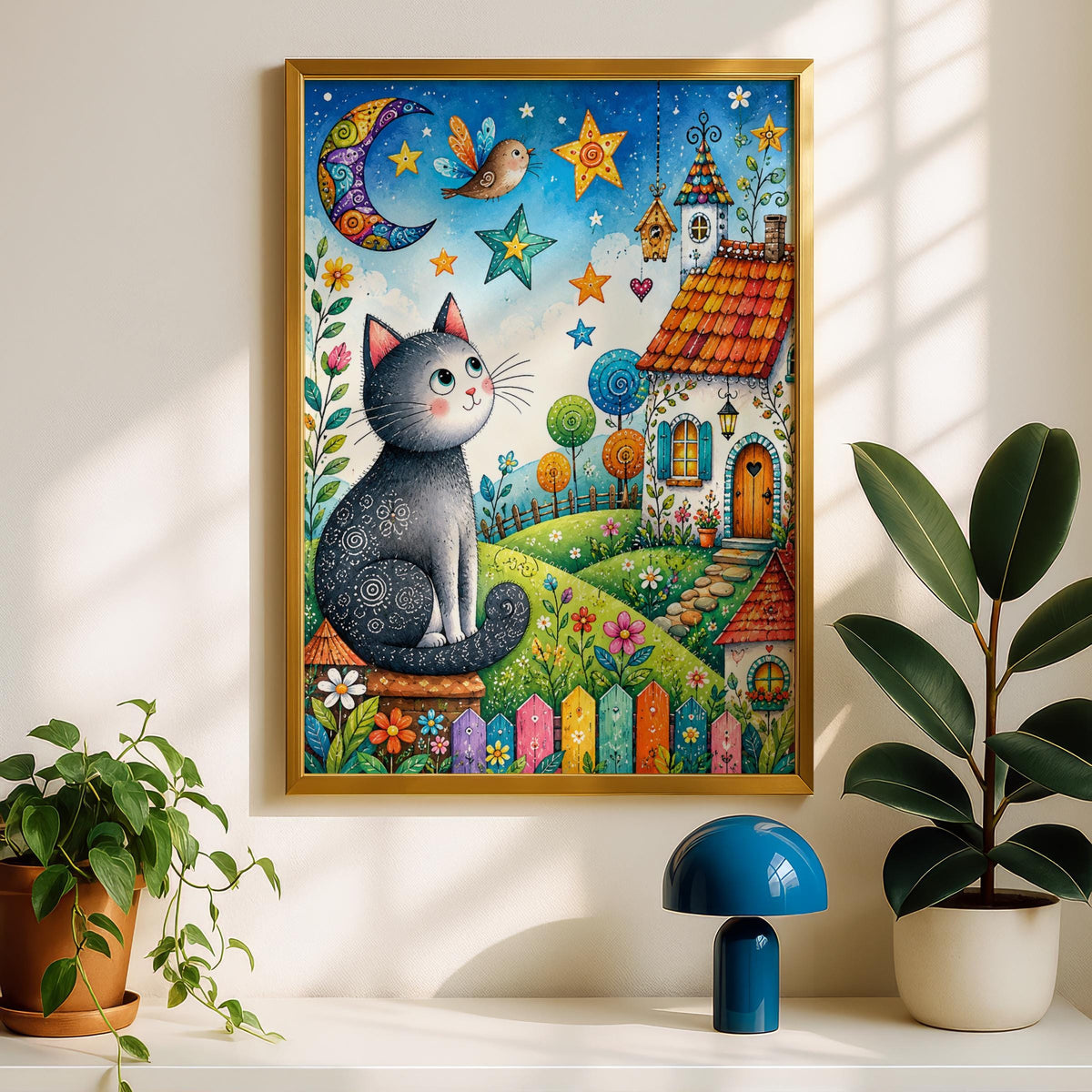 Whimsical Cat Moon Poster, Folk Art Cottage Garden Wall Art (Physical Print)