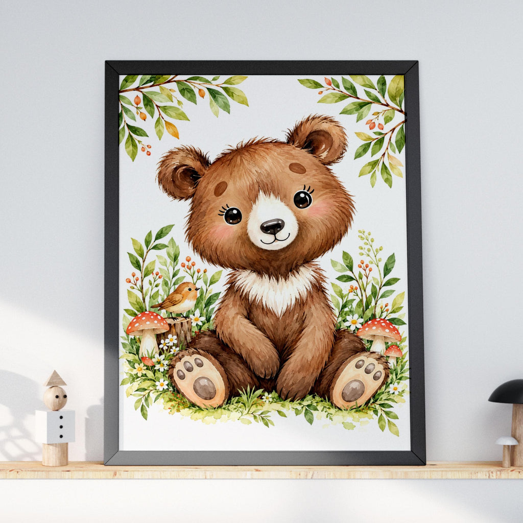 Watercolour Baby Bear Nursery Print, Forest Animals, Daisies, Mushrooms (Digital Download)