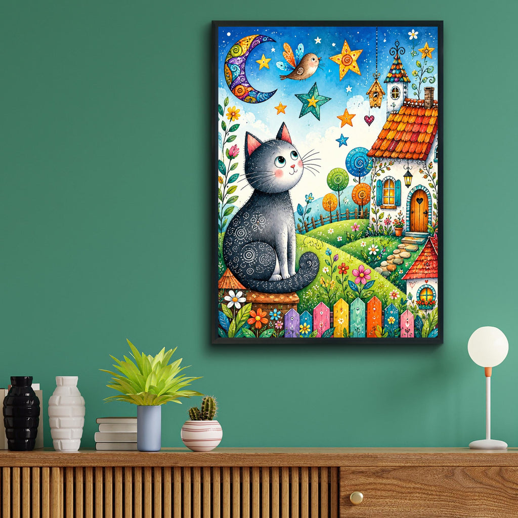 Whimsical Cat Moon Poster, Folk Art Cottage Garden Wall Art (Physical Print)