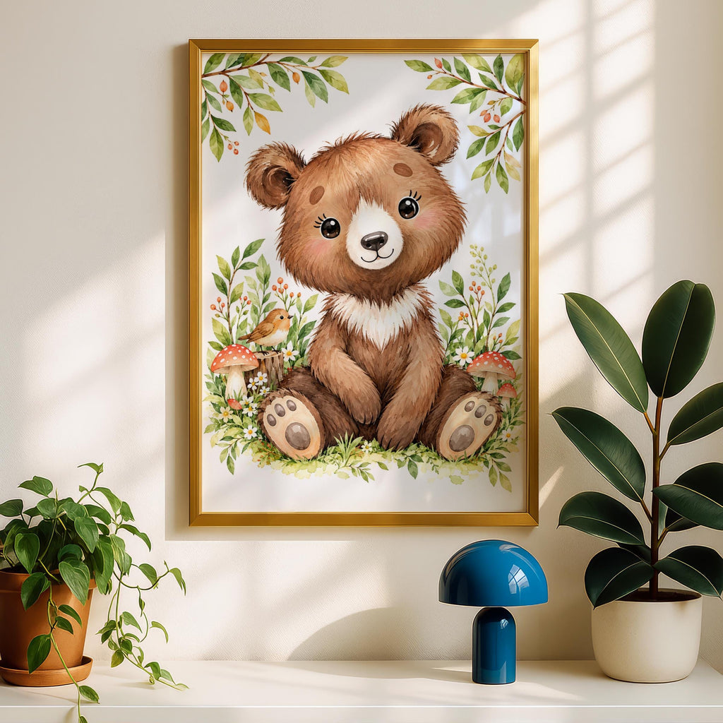 Watercolour Baby Bear Nursery Print, Forest Animals, Daisies, Mushrooms (Digital Download)