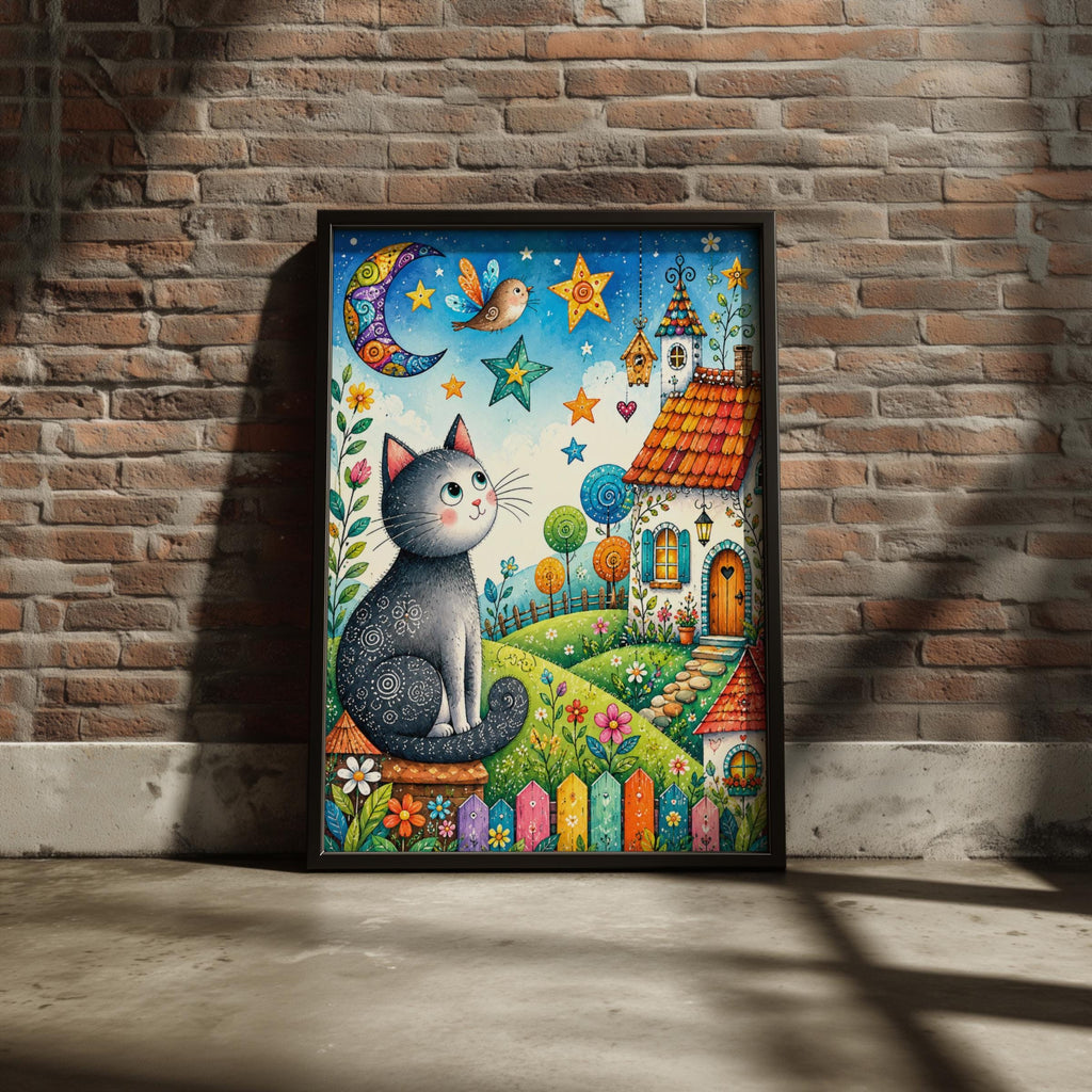 Whimsical Cat Moon Poster, Folk Art Cottage Garden Wall Art (Physical Print)