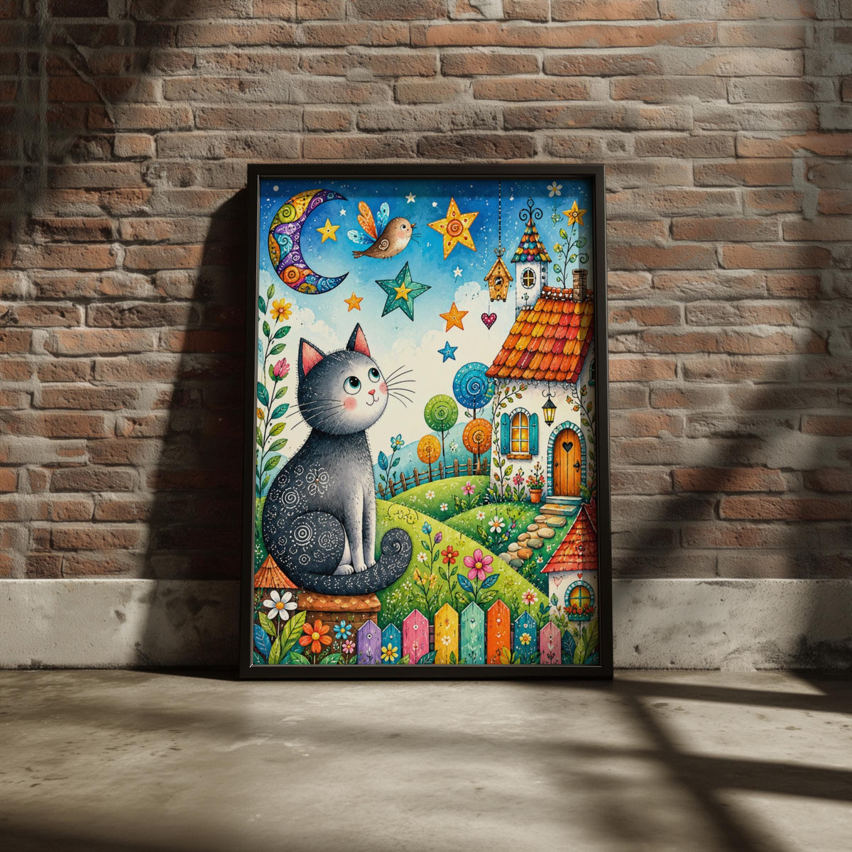 Whimsical Cat Moon Poster, Folk Art Cottage Garden Wall Art (Physical Print)