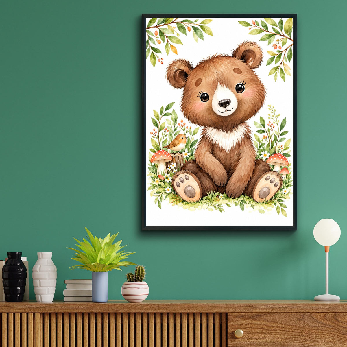 Watercolour Baby Bear Nursery Print, Forest Animals, Daisies, Mushrooms (Digital Download)
