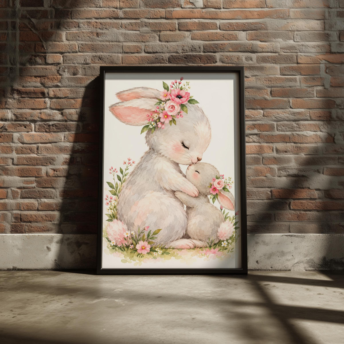 Mother and Baby Bunny Watercolour Print, Floral Nursery Wall Art (Physical Poster)