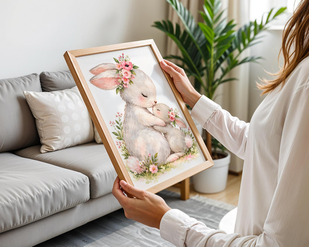Mother and Baby Bunny Watercolour Print, Floral Nursery Wall Art (Physical Poster)