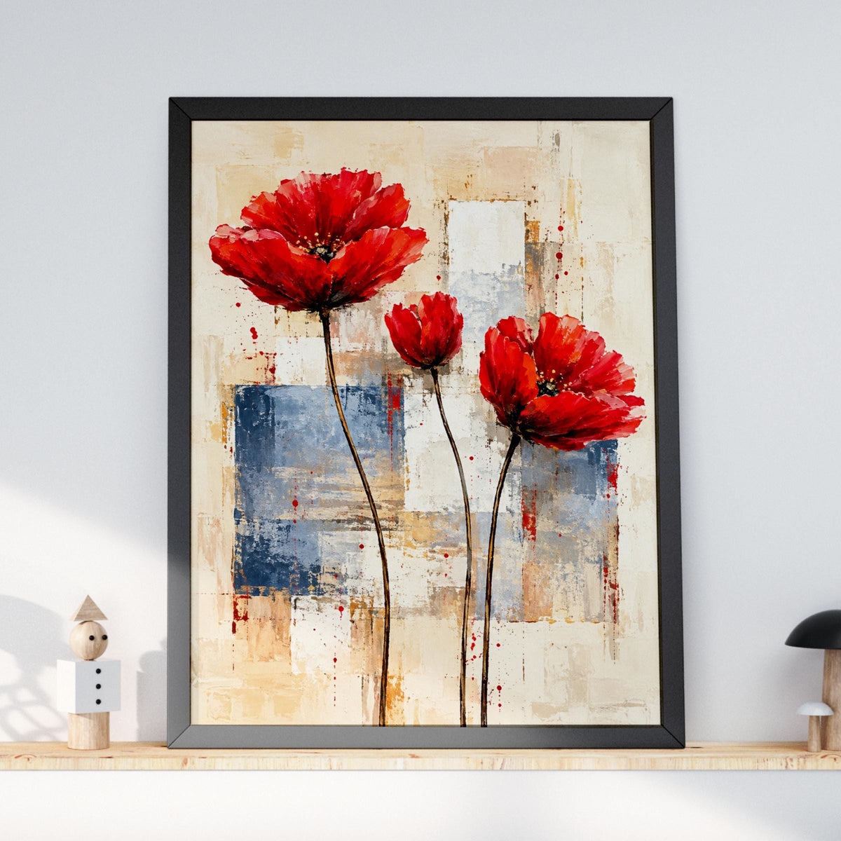 Abstract Red Poppies Art Print, Botanical Floral Poster, Modern Wall Decor